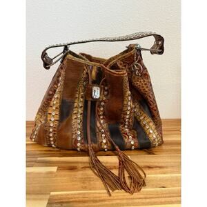Raviani Brown Mixed Fur Leather Reptile Print Drawstring Bag and Matching Wallet